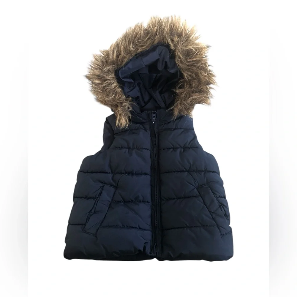 GAP Faux Fur Hood‎ Puffer Vest Navy Blue Toddler Boy 2T